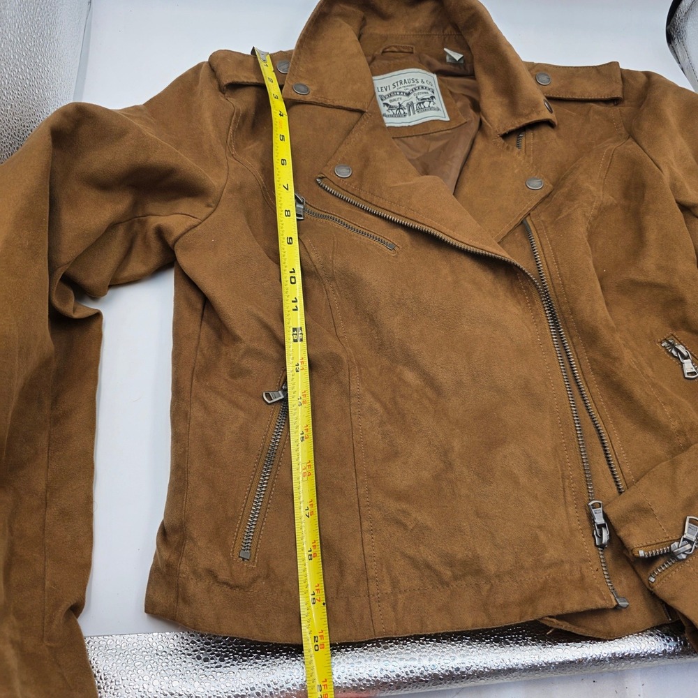Levis Faux Suede Moto Jacket Womens Small Brown Asymmetrical Zip Biker Cognac O9 - Picture 16 of 16